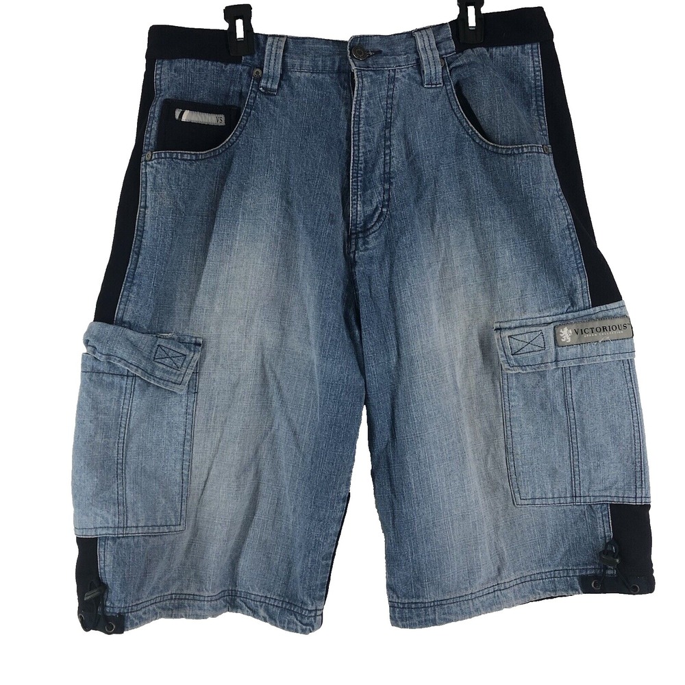 Victorious cargo jean‎ shorts mens 38 blue jean jogger patch design jorts